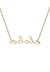 Goldfarbene Halskette mit einer Kette und einem Anhänger in geschwungener Schrift "aloha", gefertigt aus glänzendem Metall mit glatter Textur und fließendem Design.