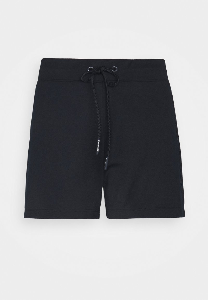 Shorts noirs décontractés avec une ceinture élastique et un cordon noir, présentés à plat sur un fond blanc.