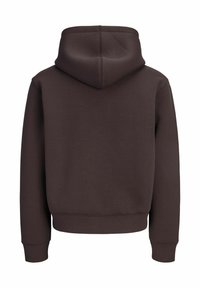 Sweat à capuche marron foncé vu de dos avec manches longues, capuche et bords côte aux manches et à la taille.