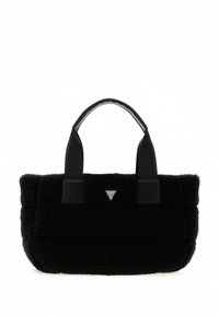 Schwarze Plüsch-Handtasche mit einer strukturierten, flauschigen Oberfläche. Verfügt über zwei schwarze Ledergriffe und ein silbernes dreieckiges Logo auf der Vorderseite.