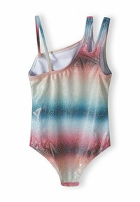 Costume da bagno intero in tessuto iridescente con una gradazione di toni rosa, blu e bianchi, con spalline sottili e scollatura a girocollo.