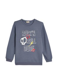 Sudadera gris con mangas largas, cuello redondo, que presenta el texto "ROCK'N ROLL DUDE", una calavera, auriculares, un rayo y notas musicales en varios colores.