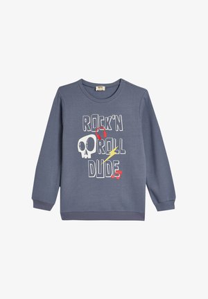 Szara bluza z długimi rękawami, okrągłym dekoltem, z napisem "ROCK'N ROLL DUDE", czaszką, słuchawkami, błyskawicą i nutkami w różnych kolorach.