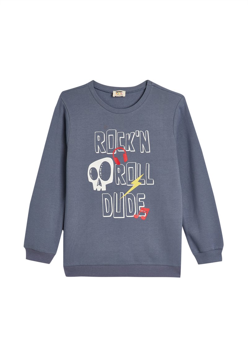 Sudadera gris con mangas largas, cuello redondo, que presenta el texto "ROCK'N ROLL DUDE", una calavera, auriculares, un rayo y notas musicales en varios colores.