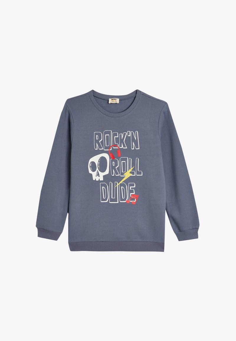 Sudadera gris con mangas largas, cuello redondo, que presenta el texto "ROCK'N ROLL DUDE", una calavera, auriculares, un rayo y notas musicales en varios colores.