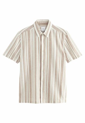 Chemise à manches courtes rayée verticalement beige et blanche avec col classique, posée à plat sur un fond blanc.