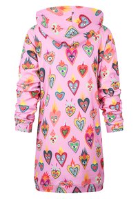 Rosa Kapuzenpullover mit einer vorderen Tasche, der mit einem lebhaften Muster aus Herzen und Augen verziert ist, ergänzt durch Flammen und kräftige Farben. Weicher Stoff, lange Ärmel.