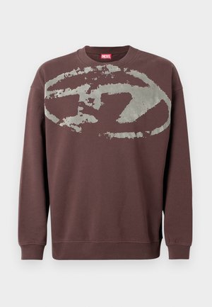 Brązowa bluza z długim rękawem z dużym wyblakłym szarym abstrakcyjnym owalnym wzorem na piersi oraz ściągaczami na mankietach i u dołu.