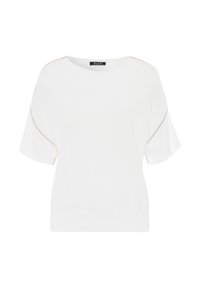 Witte korte mouwen top van zacht materiaal met een ronde hals en beige accentstiksels langs de schouders.