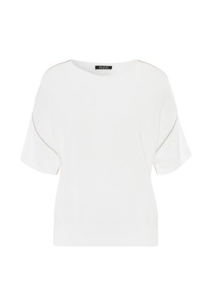 Witte korte mouwen top van zacht materiaal met een ronde hals en beige accentstiksels langs de schouders.