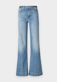 Jeans din denim de culoare albastru deschis, cu evazare, talie înaltă, cu închidere prin nasture, cinci buzunare și cusături contrastante la tiv.