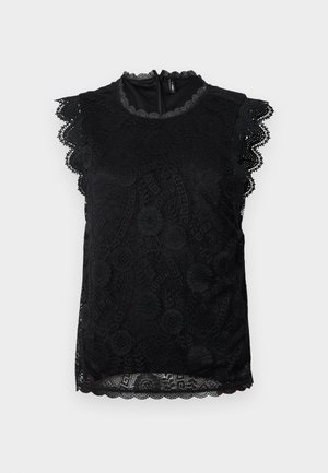 Svart blonder ermeløs bluse med bølgete kanter, blomsterdekor og høy hals med glidelås bak.