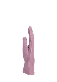 Guanto rosa in pelle e camoscio mostrato in verticale con le dita unite su sfondo bianco.