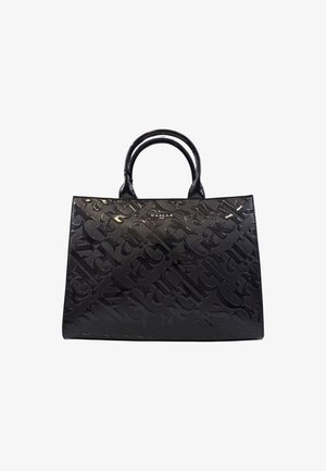 Sac à main noir brillant avec un motif en script embossé de grande taille et des poignées arrondies, présentant un petit logo métallique "Gaelle Paris" à l'avant.