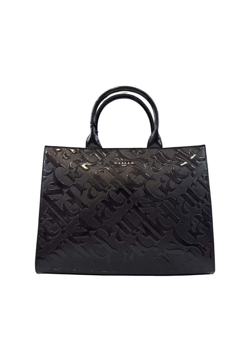 Borsa a mano nera lucida con motivo a rilievo in grande scrittura e manici arrotondati, con logo metallico "Gaelle Paris" sul davanti.
