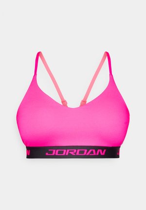 Ružová športová podprsenka s hladkou textúrou, nastaviteľnými ramienkami a čiernou páskou s nápisom „JORDAN“ ružovou farbou.
