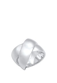 Silberner Metalring mit einem gewundenen Design und einer polierten Oberfläche. Glatte Textur mit abgerundeten Kanten und einem offenen Band.