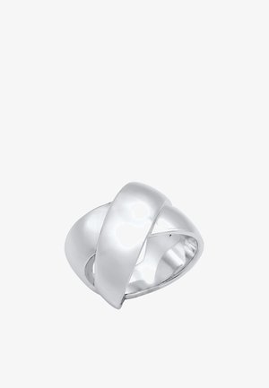 Silberner Metalring mit einem gewundenen Design und einer polierten Oberfläche. Glatte Textur mit abgerundeten Kanten und einem offenen Band.