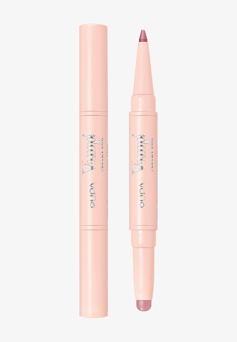 Duo de couleur pour les lèvres avec un tube rose pâle. Comprend un applicateur pointu à une extrémité et un crayon rétractable à l'autre. Détail de marque argenté.