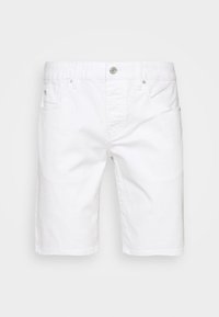 Shorts en denim blanc avec cinq poches, dotés d'une fermeture à bouton et de passants de ceinture. Design à jambe droite, texture lisse et finition soignée.