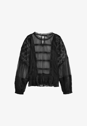 Schwarze transparente Bluse mit gepunkteten und floral gestickten Mustern, puffärmel, rundem Ausschnitt und gerafft einem Rüschensaum. Detail mit Schlüssellochverschluss hinten.