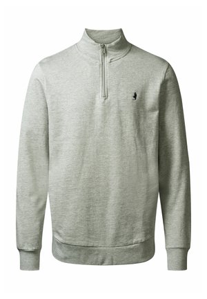 Lichtgrijze sweatshirt met een ritskraag tot de helft, ribgebreide manchetten en onderrand, met een klein zwart logo op de borst. Zachte textuur, casual ontwerp.