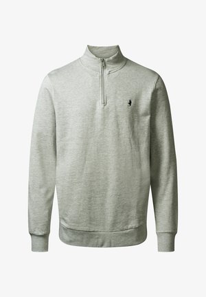 Lysgammel sweatshirt med halv-lynlås krave, ribbede manchetter og kant, med et lille sort logo på brystet. Blød tekstur, afslappet design.