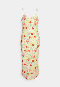Vestido slip floral com alças finas, apresentando um fundo amarelo claro e padrões de flores vermelhas, rosas e verdes. Tecido suave, design ajustado.