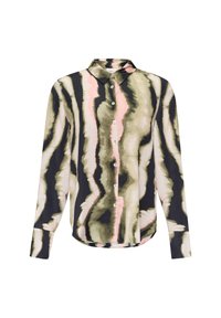 Langsleeve overhemd in een kleurrijk abstract patroon met tinten groen, zwart en roze. Gemaakt van een lichte stof met een knoopsluiting aan de voorkant.