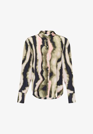 Langärmliges Hemd mit einem bunten abstrakten Muster in verschiedenen Grüntönen, Schwarz und Rosa. Hergestellt aus leichtem Stoff mit Knopfverschluss vorne.