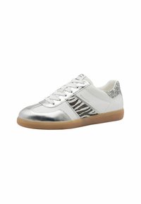 Sneaker bianca con accenti metallici argento, dettagli a strisce zebra e retro glitterato. Suola in gomma con finitura testurizzata.