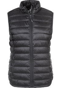 Chaleco de plumas negro con cuello alto, cierre de cremallera y patrón de acolchado horizontal. Fabricado en material suave y ligero. Presenta una marca en el pecho.