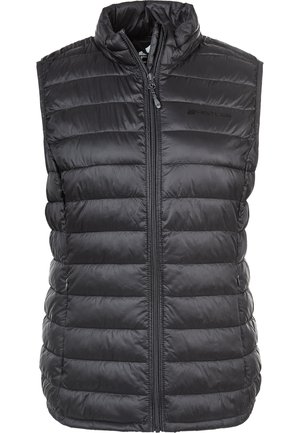 Schwarze Pufferweste mit hohem Kragen, Reißverschluss und horizontalem Steppmuster. Hergestellt aus glattem, leichtem Material. Mit Branding auf der Brust.