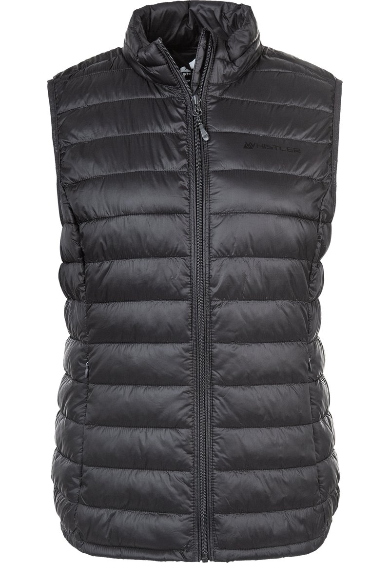 Chaleco de plumas negro con cuello alto, cierre de cremallera y patrón de acolchado horizontal. Fabricado en material suave y ligero. Presenta una marca en el pecho.
