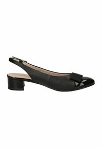 Čierne slingback lodičky s nízkym blokovým podpätkom, lakovanou špičkou a mašľou na priehlavku. Hladký kožený materiál s matným povrchom.