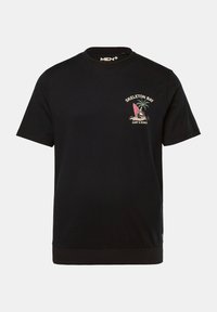Sort bomulds T-shirt med rund halsudskæring, korte ærmer og et farverigt "Skeleton Bay" grafisk motiv med palmer og en surfbræt på brystet.