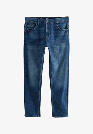 Tumed sinised teksad klassikalise sirge jala disainiga, viie tasku, vööloopide ja õrnalt pleekinud esiosaga.