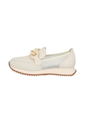 Scarpe da barca in crema chiara con tomaia in rete, dettaglio a fiocco decorativo, suola in gomma e design della punta arrotondata. Leggera trama sul materiale superiore.