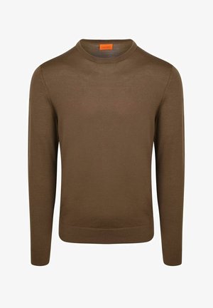 Bruine trui met lange mouwen en ronde hals, met geribbelde manchetten en zoom, weergegeven op een witte achtergrond.