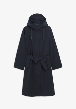 Navy waterproof coat with a hood, adjustable drawstrings, front pockets, and a belt closure. Features minimalist design and straight cut.