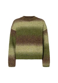 Dikke gebreide trui in een verloop van olijfgroen, met een ronde halslijn en lange mouwen, voorzien van textuur en variërende tinten groen.