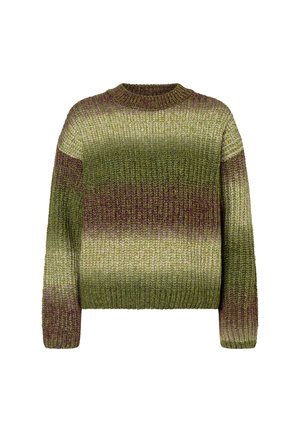 Flauschiger Strickpullover in einem Farbverlauf von Olivgrün, mit runder Ausschnitt und langen Ärmeln, in verschiedenen Texturen und Grüntönen.