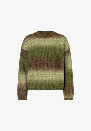 Flauschiger Strickpullover in einem Farbverlauf von Olivgrün, mit runder Ausschnitt und langen Ärmeln, in verschiedenen Texturen und Grüntönen.