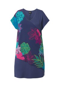 Navy blue dress with a V-neck and short sleeves, decorated with vibrant floral patterns in pink, green, and turquoise. Soft fabric texture.