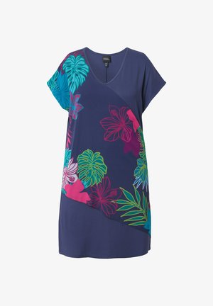 Námořnická modrá šaty s výstřihem do V a krátkými rukávy, zdobené živými květinovými vzory v růžové, zelené a tyrkysové barvě. Měkká textilie.