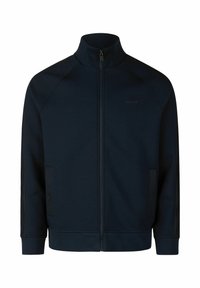 Donkerblauwe ritsjack met hoge kraag, gemaakt van gladde stof. Bevat raglanmouwen en gaasaccenten aan de zijkanten.