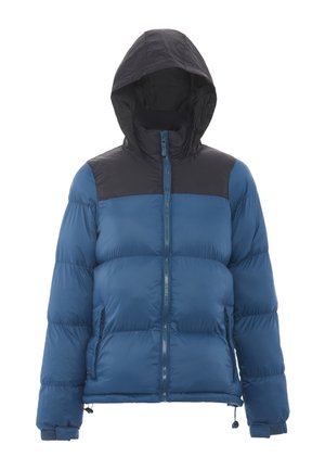 Giacca invernale imbottita blu e nera con cappuccio, zip frontale, tasche laterali e polsini regolabili.