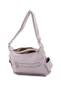 Sac à main en simili cuir gris au design décontracté, doté de plusieurs poches zippées et d'accents en métal doré.