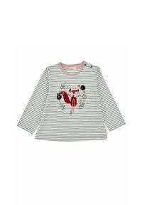 Langärmliges, grau-weiß gestreiftes Hemd mit einem pinkfarbenen Ausschnitt, das auf der Vorderseite einen gestickten roten Fuchs und florale Details zeigt.