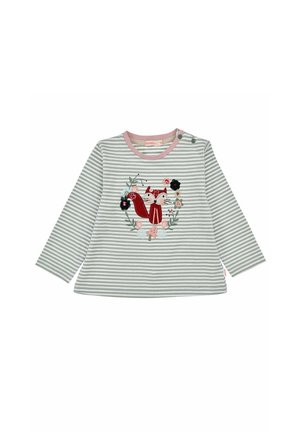 Camicia a maniche lunghe grigio e bianco a righe con scollatura rosa, caratterizzata da una volpe rossa ricamata e dettagli floreali sul davanti.